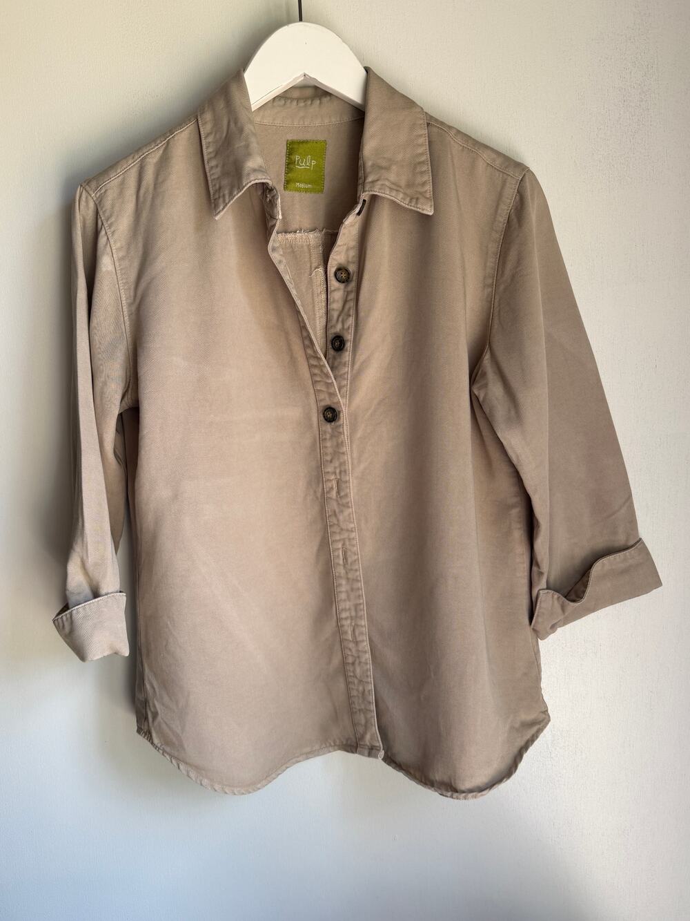 Pulp 100% Tencel Lyocell Button Down Shirt Medium Beige Taupe Soft Drape